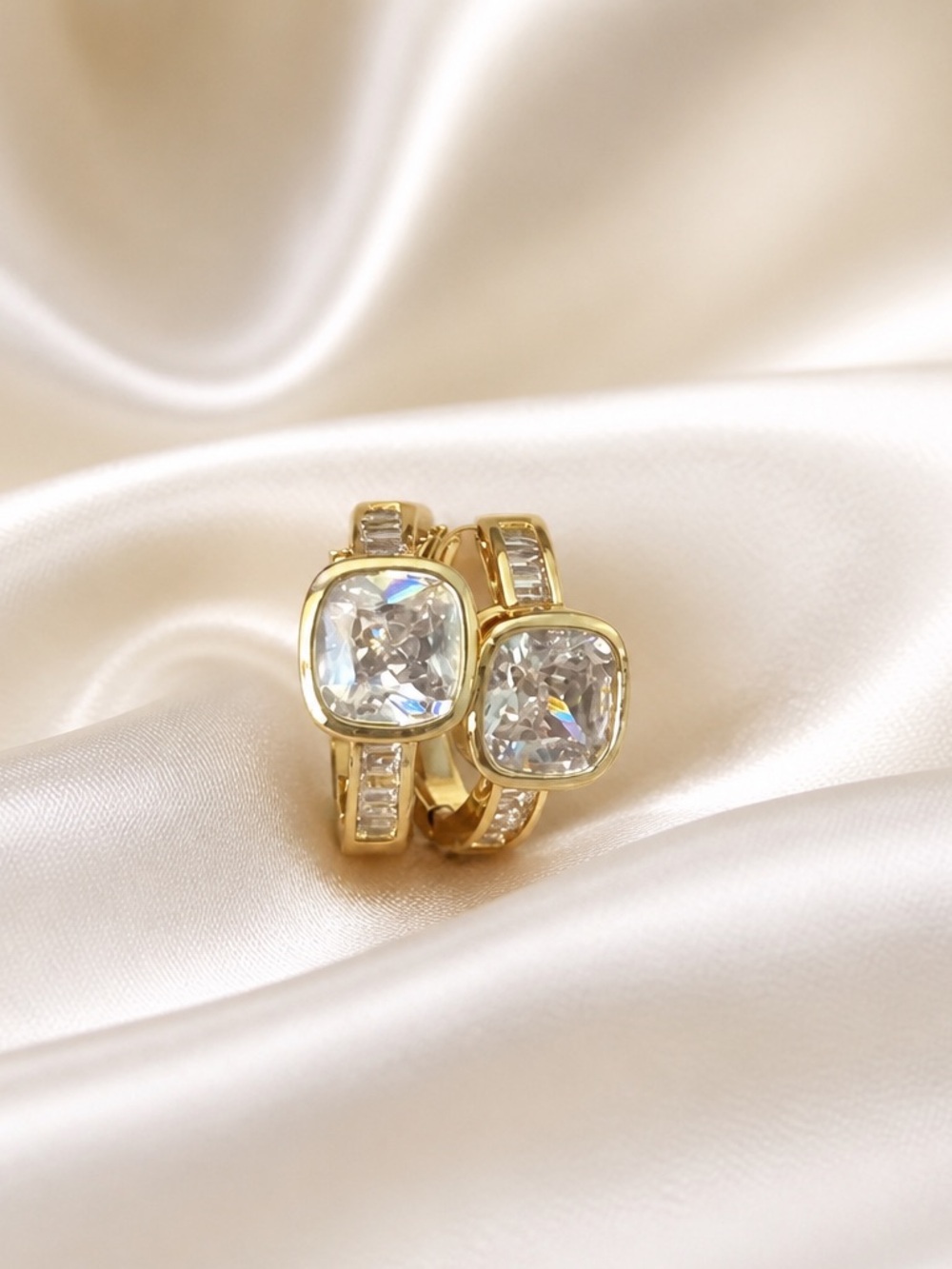 Gold Cushion-Cut CZ Hoop Earrings - Clear Crystal